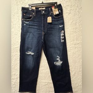 Levi’s Ribcage Straight Ankle distressed stretch dark high rise jeans 32‎ x 27